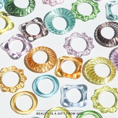 Vedawas 2021 New Colourful Transparent Resin Acrylic Rhinestone Geometric Square Round Rings Set for Women Jewelry Travel Gifts