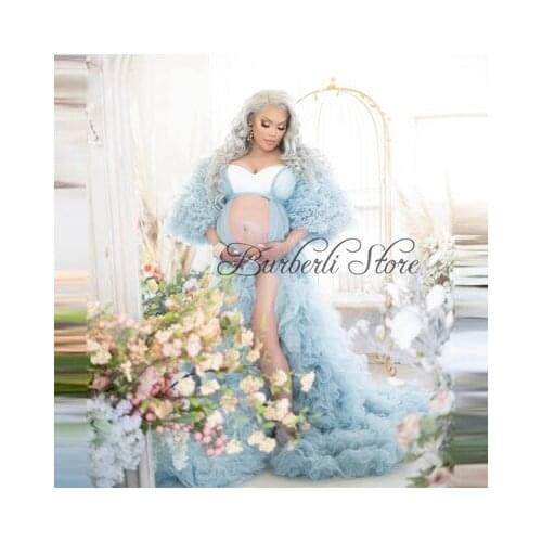Pretty Sky Blue Fluffy Tiered Ruffrles Maternity Women Dress See Thru Long Robe To Photo Shoot Lush Sleeves Pregant Women Dress