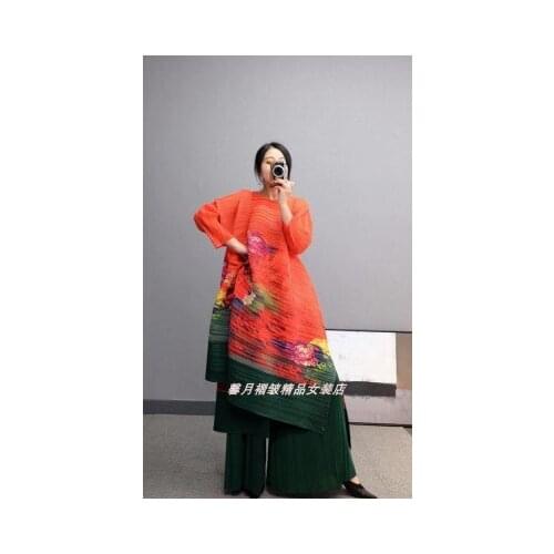 HOT SELLING Miyake fold three quarter print long dress + solid wide leg pants suit IN STOCK