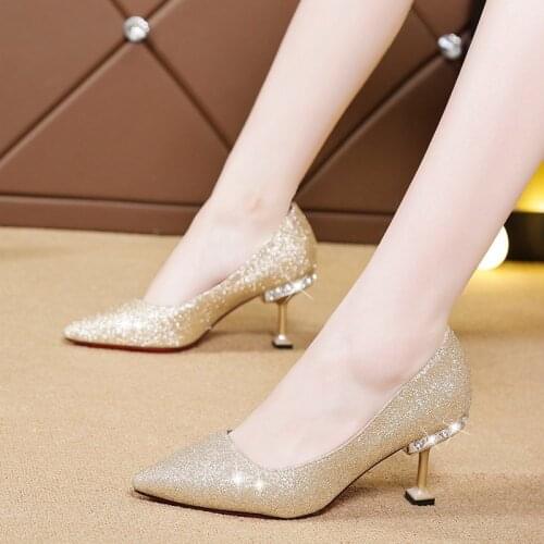 Crystal Heels Pumps Women Wedding Shoes Bridal Silver Pointed Toe Bling High Heels Ladies Sequined Cloth Boat Shoes Black 8518L