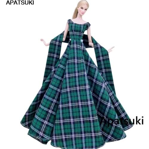 Green Plaid High Fashion Wedding Dress for Barbie Doll Outfits Clothes Scarf Big Evening Dresses Party Gown 1/6 Accessories Toys