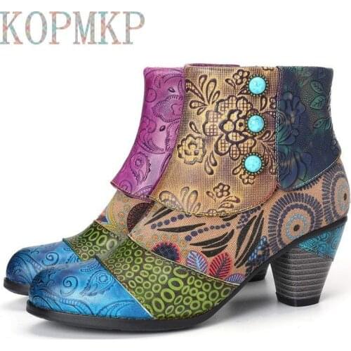 Fashion Vintage Splicing Printed Ankle Boots For Women Shoes Woman PU Leather Retro Block High Heels Zipper Women Boots 2020