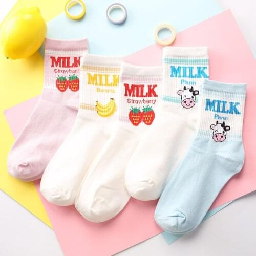 Women socks Cute milk banner Cotton Socks Female Kawaii Strawberry With Cow socking Slippers Women Casual Soft Funny Socks