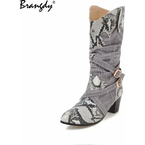 Brangdy Snake Skin Fashion Women Shoes PU Leather Round Toe Mid Calf Lady Boots Square High Heel Women Winter Boots Size 34-43