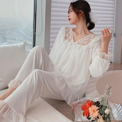 Women Lace Pajamas Set Loungewear New Sleepwear Shirt&Pants Sleep Suit 2PCS Satin Pyjamas Casual Nightwear Intimate Lingerie