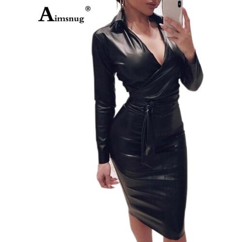 Women Knee-Length Faux PU Leather Dress Sexy V-neck Party Dresses with Belt Trendy 2021 Spring Autumn Femme Skniny Bodycon Dress
