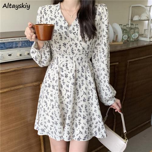 Spring Dress Women Plus Size Print V-neck Feminine Korean Style Elegant Leisure College All-match Trendy Ins Soft Design Chic