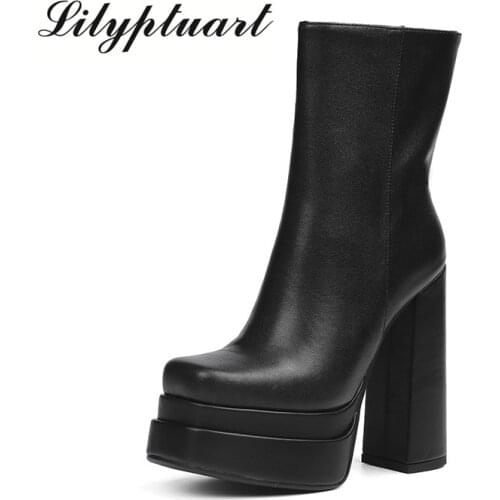 Genuine Leather Black Short Boots Women Square Toe Flat Platform Side Zip Martin Boots British Block Heel Lace Up Ankle Boots