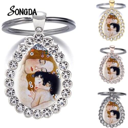 Gustav Klimt Mother Love Baby Golden Tears The Kiss Keychain Famous Painting Print Glass Art Picture Water Drop Charm Key Chain