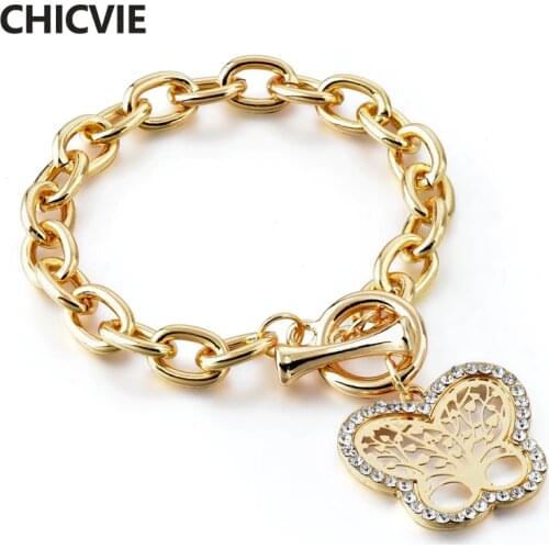 CHICVIE Fashion Gold color Charm Tree Of Life Bracelets& Bangles Designs For Women Hollow Butterfly Shape Bracelets SBR180156