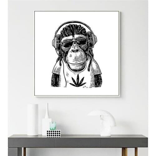 Cartoon Animal Decorative Picture Funny Monkey With Headphone Canvas Painting Black White Wall Art Poster Nordic Home Decor