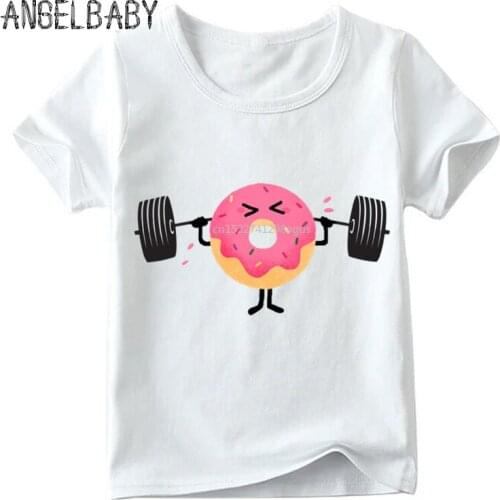 Children Cute Donut Fitness Design Funny T shirt Boys and Girls Summer Short Sleeve Tops Kid Soft White T-shirt,ooo2034