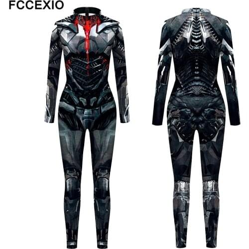 FCCEXIO Justice Heroes Steel Skeleton Pattern 3D Print Sexy Bodysuits Women Plus Size Long Sleeve Cosplay New Party Jumpsuit