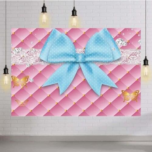 Blue Bow Backdrop Polka Dot Lace Metal Butterfly Photography Background Diamond Glitter Princess Pink Sweet Girl Baby Shower