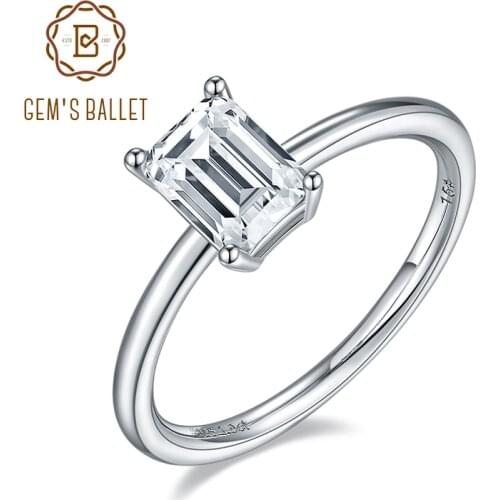 GEMS BALLET Emerald Cut Simple Moissanite Solitaire Engagement Ring For Women 925 Sterling Silver Moissanite Rings 1.0Ct 5*7mm