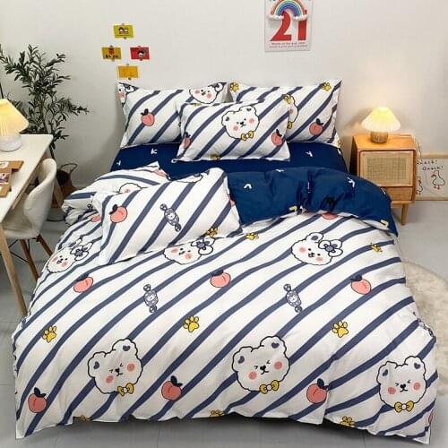 Blue Striped Bear Bedding Set Queen Striped Duvet Cover 4 Piece Kids Bed Sheet Set for Boys Girls Men Cartoon Cute Pillowcases