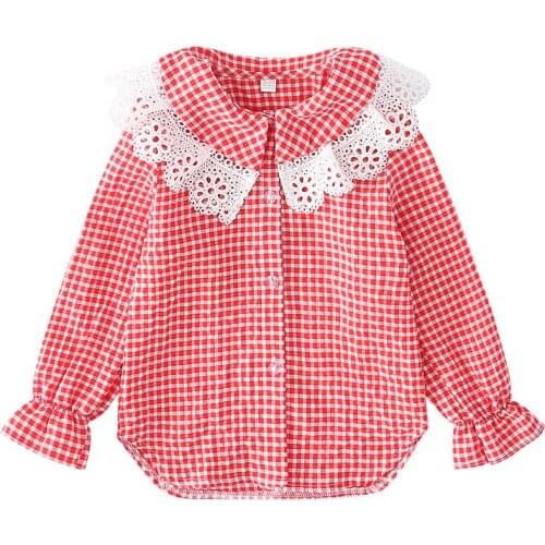 Korean Girls School Blouse Girls Blouse Designs Lace Collar Long Sleeve Kids Blouses And Shirts for Girls Plaid Tops for Girls