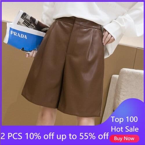 Leather shorts for women high waist 5 minutes pants wide leg autumn winter trousers 9167