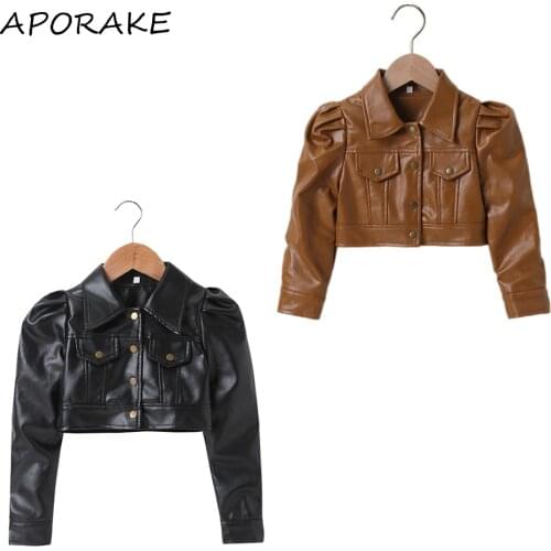 2021 1-6Y Fashion Toddler Girls PU Jackets Spring Autumn New Solid Color Puff Long Sleeve Button Pockets Button Crop Top Outwear