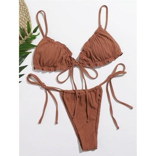 Micro Bikini 2021 Women Solid Brown High Cut Pleated Swimsuit Sexy Summer Bathers Bathing Suit Bandage Thong Swimwear Biquini