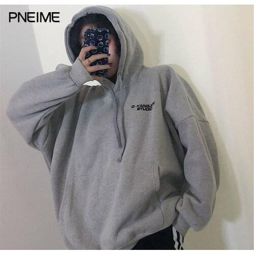 PNEIME New Woman Plus Velvet Sweater Women Casual Loose Solid Color Hoodie Ins Wild High Street Student Sports Pullover Top