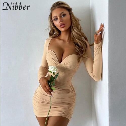 Nibber New Solid Color Mini Dress Early Fall Long Sleeves Low-Cut Pleated Design For Sexy Women Parties Vacation Clubwear 2021
