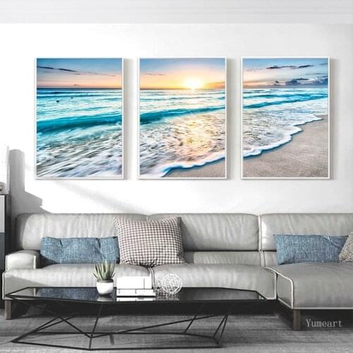 Sunrise Coastal Decorative Beach Photography Canvas Poster, Blue Sea Landscape Picture Waves Canvas Print Beach Wall Art Picture