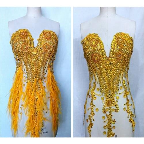 Hand made sew on Rhinestones applique on mesh golden trim patches Ostrich feather decoration 66*34cm for wedding dress