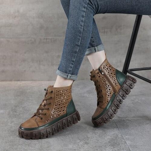 Retro Sandals Womens Head Layer Cowhide Hollow Boots Childrens Spring and Summer 2021 Color Matching Thick-soled Hole Shoes