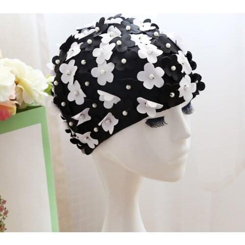 Flower Swimming Cap 3D Bathing Cap Fashion Petal Pearl Long Short Hair Swim Pool Cap Pure Handmade Cloth Cap