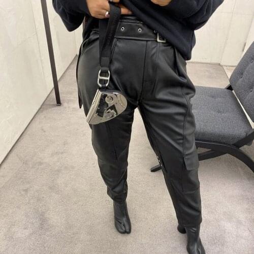 European And American Style Imitation Sheepskin Fleece High Belt Tooling Pockets And Straight Leather Pants