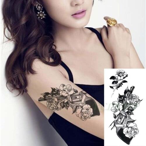 Waterproof Temporary Tattoo Sticker Gun Rose Flower Element Fake Tatoo Flash Tatto Arm Hand Back Leg Art for Women Men Girl