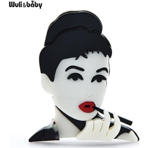 Wuli&baby Acrylic Famouse Actor Face Brooches For Women Charming Audrey Hepburn Figure Badge Brooch Pin Gifts
