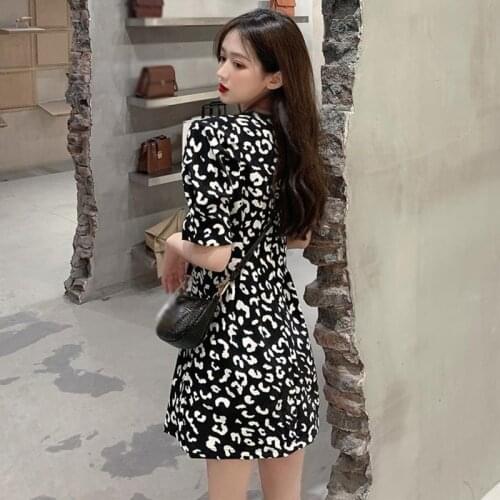 Leopard Pattern Women Clothes Puff Sleeve Ladies Trendy Cozy Mini A-line Dresse Summer Mini Clubwear High Street Vintage Dresse