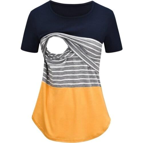 Women Maternity Short Sleeve Shirt Pregnant Clothes Tops Striped Patchwork Nursing T-shirt Top for Breastfeeding Clothes
