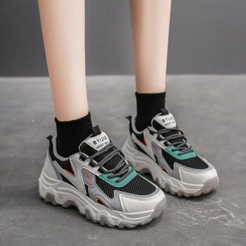 2021 Chunky Sneakers Women Round Toe Leisure Outwear Blue Black tennis Shoes Platform Lace-Up Trainers Handmade Sapatos Feminina