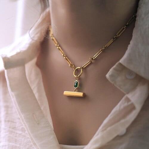 Gold Color Customized Necklace For Women Choker Green Stone Charm Stainless Steel Cable Chain Personalized Jewelry Gifts LTNS031