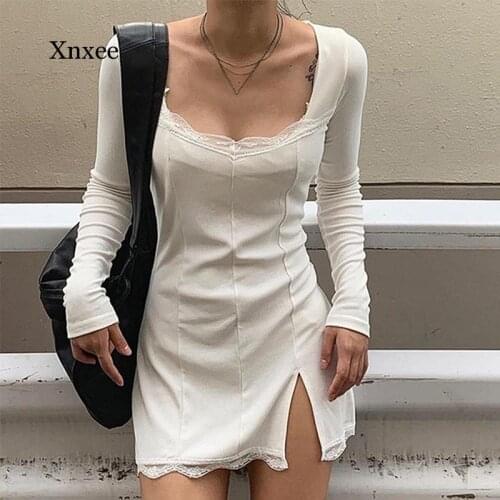 2021 Spring Women Sexy Lace Dress Patchwork Long Sleeve Split Dresses Bodycon Mini Vestido Party Club Low Chest Outfits Clothing