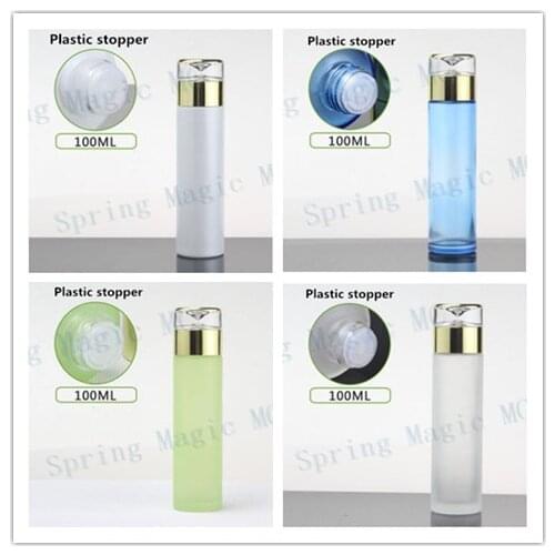100ML Blue/Green/Frosted/Pearl White Glass Bottle With Plastic Stopper Acrylic Gold Lid Cosmetic Packaging