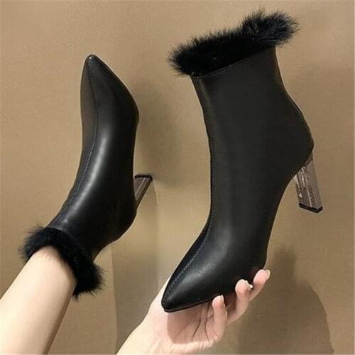 2020 New Winter High Quality Boots Women Ankle Boots Zip Pointed Toe Footwear High Heels Female Boots Party Shoes Women Eu 34-39