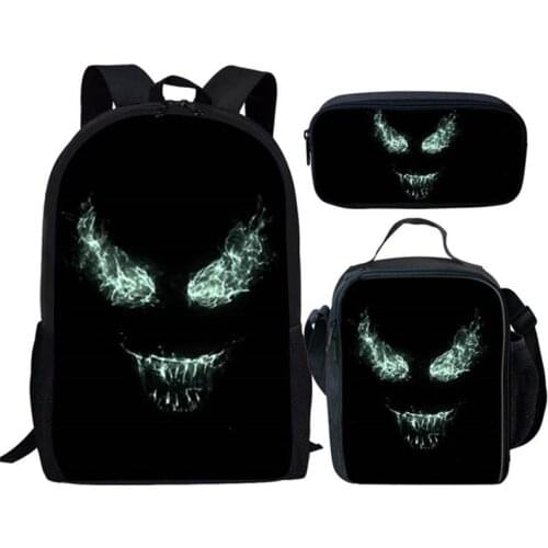 Cool Design Black Face Backpack for School Student 3PCS Set Lunch Bags Bookbags Teenager Boy Girl Mochilar Back Pack