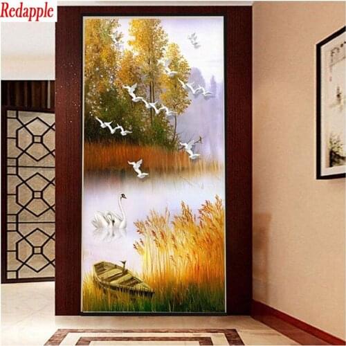 Diamond Mosaic Natural scenery, boat reed bird round drill Cross Stitch Diamond Embroidery Painting Full Square Decor For Home