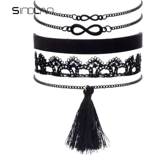 Sindlan Bracelet 5pcs / Set Jewelry Number 8 Cotton Tassel Pendant Black Velvet Lace Charm Vintage Bracelets Bangles For Women