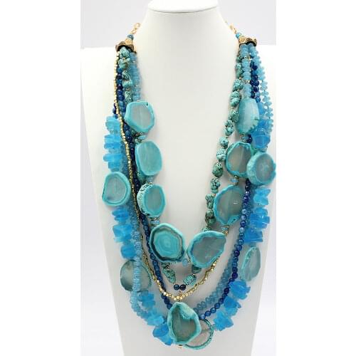 Heavy 23"-31" 6 Strands Blue Agate Jade Turquoise Crystal Necklace