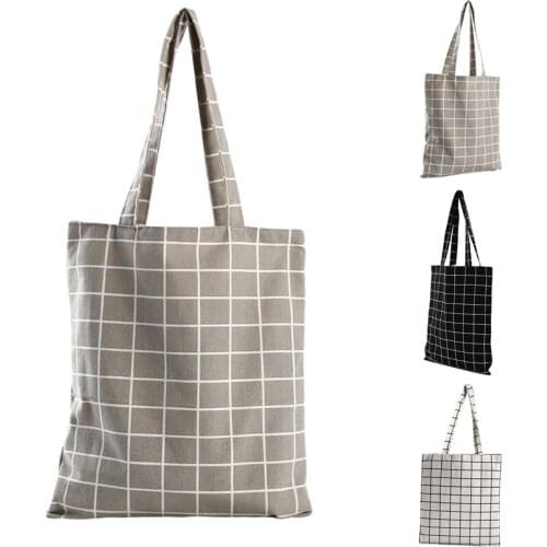 Canvas Tote Bag Eco Shopping Bag Daily Use Foldable Handbag Large Capacity Plaid Canvas Tote For Women Female Shopper Bag
