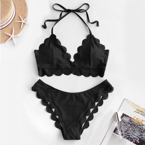 Push Up 2020 Bikini Set Women Ruffle Biquini Halter Solid Black Ribbed Swimsuit Ribbed Bathers Bathing Suit Swimwear Biquini