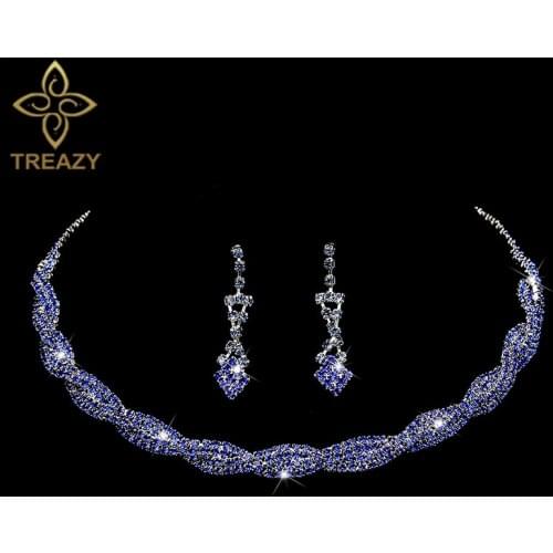 TREAZY Royal Blue Rhinestone Crystal Wedding Jewelry Sets for Women Twisty Choker Necklace Earrings Bridal Jewelry Sets