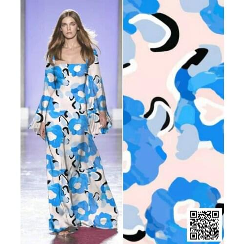 Fashion brand blue digital printing fabric high-end clothing handmade diy sewing material customization
