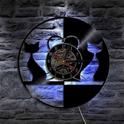 Lovely Cats Couple Silhouette Wall Light Vinyl Record Wall Clock Pet Kitty Animal Home Decor Modern Wall Lamp