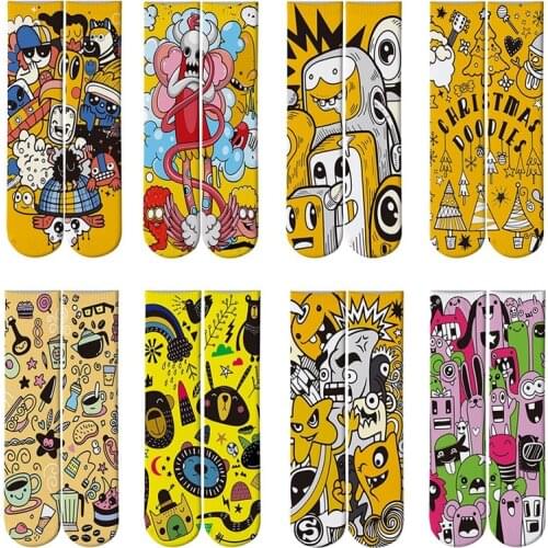New Mens Sock Brand Funny Cartoon Doodle Pattern Hip Hop Cool Socks For Women Happy Harajuku Skate Long Socks Colorful